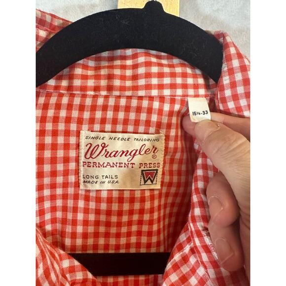 VTG Wrangler Red Check Pearl Snap Shirt Long Tails Single Needle 15.5 33 D25 - Picture 3 of 6